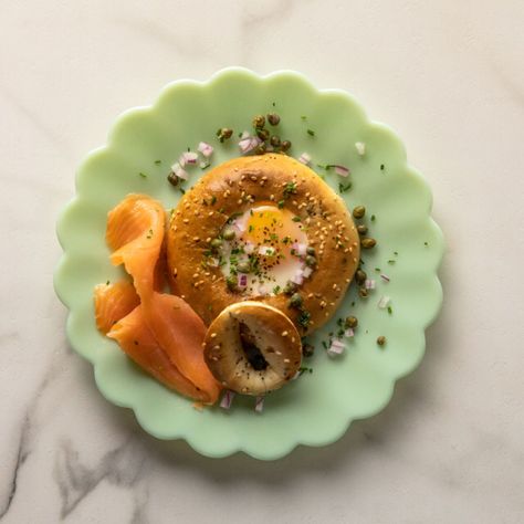 Baked Bagel Egg-in-the-Hole by Ree Drummond Bagel Egg In A Hole, Egg In The Hole, Ree Drummond Recipes, Egg In A Hole, Red Onion Relish, Onion Relish, Pioneer Woman Recipes, Ree Drummond, Everything Bagel