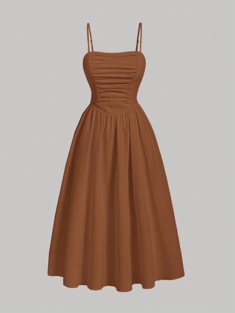 Brown Casual Collar Sleeveless Woven Fabric Plain Cami Embellished Non-Stretch  Women Clothing Cheap Flowy Brown Dress, Formal Day Dress, Cheap Brown A-line Dress, Brown A-line Sleeveless Dress, Brown Cami Dress, Knee-length Brown Maxi Dress For Casual Occasions, Simple Brown Dress, Brown Fitted Dress, Short Brown Dress