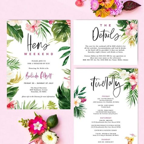 Hen Party Ideas// Invitation Inspo! . The fun thing with hen party invitations is spilling the details with all the other hens but keeping them secret from the bride! Make sure you have a different invite for the Bride and one for the hens to keep some element of surprise for the bride, but all the hens are aware of the details such as what to bring, pack and expect etc! . Personally, I loved creating the invites for my friend's Hen Parties. But there are some fabulous ones you can find on Etsy Hens Invite, Tropical Bachelorette Party Invitations, Bachelorette Invites, Hens Weekend, Tropical Bridal Shower Invitations, Tropical Bachelorette Party, Tropical Bachelorette, Hens Party Invitations, Bachelorette Weekend Invitations