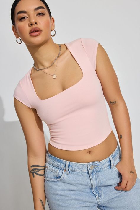 Portia Square Neckline Tee Pink Portia Square Neckline Tee, Cute Short Sleeve Outfits, Concert Tops For Women, Garage Square Neck Top, Square Neckline Outfit, Pink Party Top, Garage Tops Clothing, Casual Tops For Women Classy, Light Pink Top Outfit