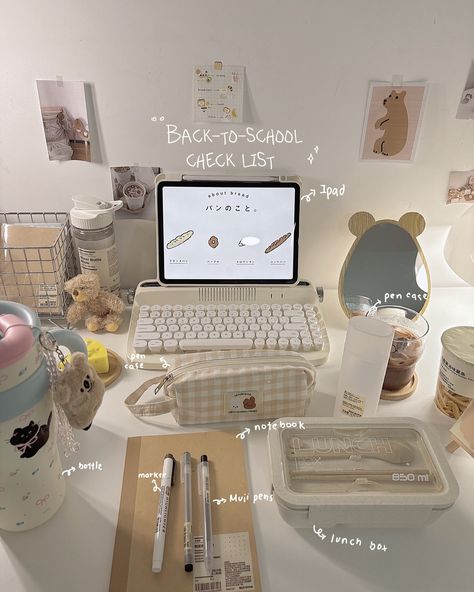 Back-to-school supplies 🧸 #backtoschool #study #muji #stationery #desk #deskessentials Beige Desk Aesthetic, Aesthetic Study Desks, Study Aesthetic Beige, Desk Aesthetic Minimal, White Desk Setup, Muji Stationery, Cubicle Makeover, Stationery Desk, Desk Aesthetic