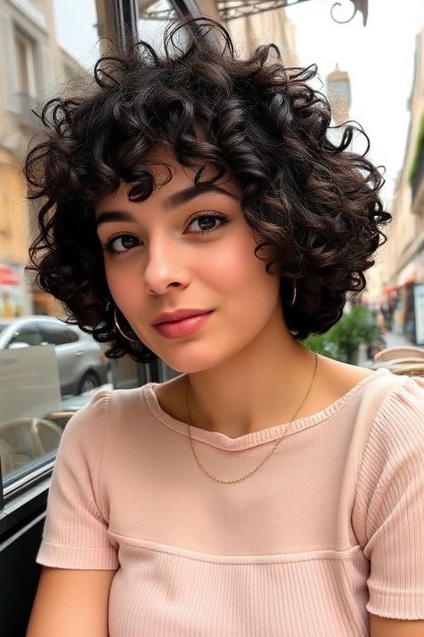 Sophisticated Dark Curls with Short Bangs, curly haircut with fringe, curly hairstyle with bangs Curly Hair Bob With Bangs, Haircut With Fringe, Dark Curls, Blonde Curly Bob, Hairstyle With Bangs, Chic Hairstyle, Curly Haircut, Brown Curls, Red Curly Hair