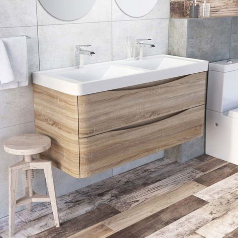 Harbour Clarity 1200mm Wall Mounted Vanity Unit & Double Basin | Drench-Harbour Clarity-1200-WM-Vanity-Unit-Basin | Drench Light Oak Vanity, Oak Vanity Unit, Double Vanity Unit, Oak Vanity, Double Basin Vanity Unit, Glass Basin, Bathroom Wall Hanging, Coastal Bathroom, Bathroom Color Schemes