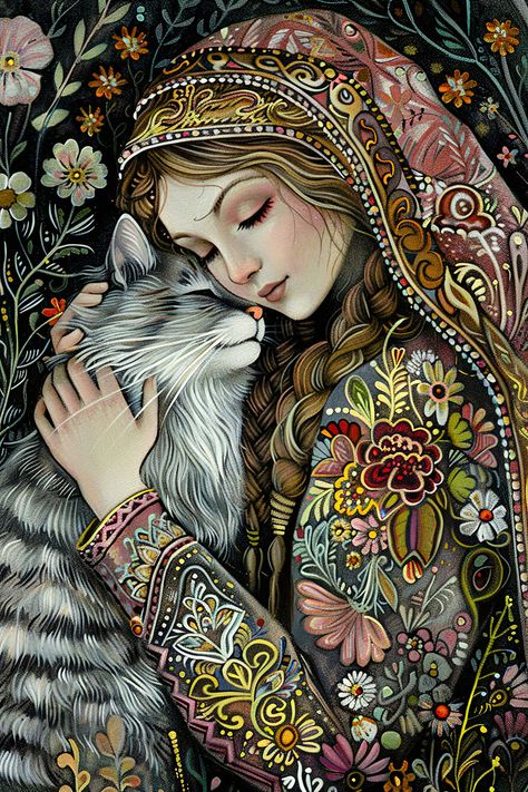 A Folk Art Cat in Klimt's Embrace,' a tribute to the ornate beauty of Gustav Klimt mingled with the charm of traditional folk art. In this babooshka's tender hold, a cat finds solace, encircled by a tapestry of patterns that whisper tales of old. This painting weaves a narrative as rich as the folklore it honors, creating an intimate space where every stroke tells a story of companionship, love, and the homely wisdom of a babooshka's touch. Art Klimt, Klimt Inspired, Folk Art Cat, Gustav Klimt Art, Intimate Space, Arte Folk, Whimsical Wall Art, Russian Folk Art, Cat Art Illustration