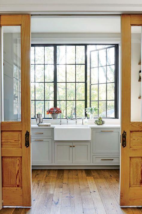 Window Opening Ideas, Marvin Doors, Sink Window, How To Downsize, Hide Clutter, Interior Window Trim, Salvaged Doors, Dirty Kitchen, Glass Panes