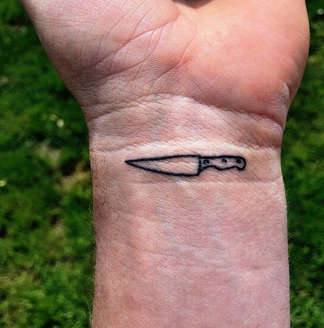 Once a chef always a chef  My chef knife tattoo Chef Knife Tattoo Small, Knife Tattoo Simple, Small Chef Tattoos, Small Knife Tattoo, Kitchen Knife Tattoo, Knife Tattoo Small, Chef Knife Tattoo, Kitchen Tattoo, Culinary Tattoos