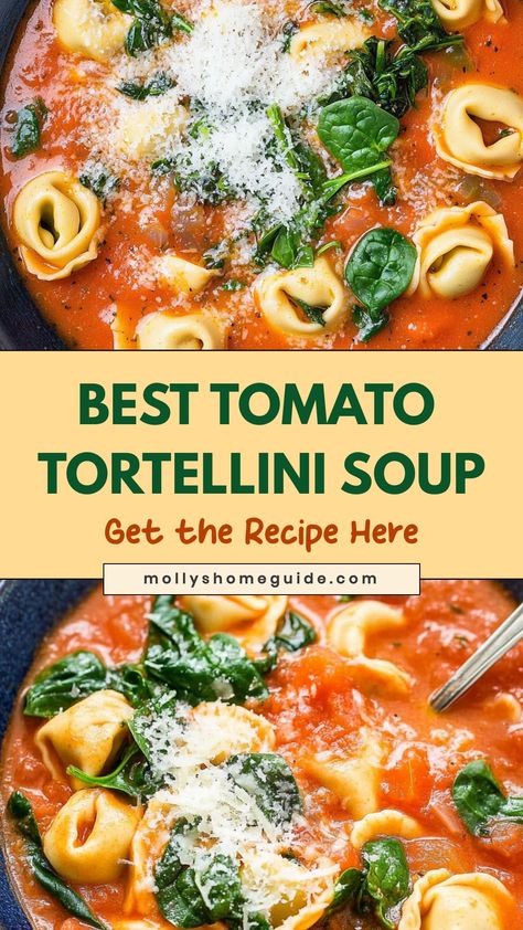 Indulge in a bowl of comfort with this flavorful tomato tortellini soup recipe. Packed with tender tortellini pasta, fresh tomatoes, and aromatic herbs, this hearty soup is perfect for chilly days or whenever you need a warm pick-me-up. Whether you're looking for a quick weeknight meal or wanting to impress your guests at dinner parties, this easy-to-make soup will surely hit the spot. Tomato Tortellini Soup Recipe, Tomato Spinach Tortellini Soup, Soups Recipes Tortellini, Tomato Soup Based Recipes, Hearty Tomato Soup Recipes, Tortilini Recipes Soups, Soup With Tomato Juice, Tortellini Recipes Soup, Pasta Fresh Tomatoes