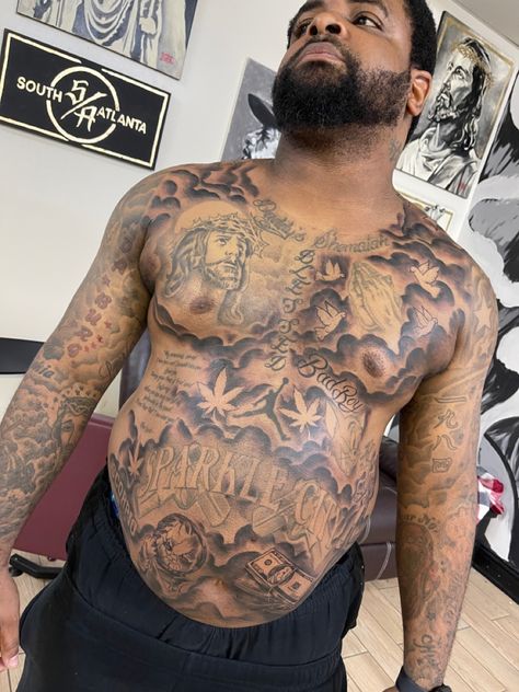 Full Stomach Tattoos Men, Stomach Tattoos For Guys Lower, Chest Tattoo Sketches For Men, Belly Tattoo Men, Trap Tattoos Men, African American Tattoos, Chest Tattoo Lettering, Chest Tattoo Sketches, Epic Tattoos