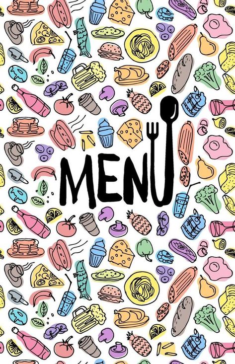 Cafe restaurant menu cover design template. Title page with hand drawn food doodle outline colored sketch pattern. Vector cooking illustration Food Doodle, Menu Cover Design, Restaurant Menu Covers, Drawn Food, Sketch Pattern, Food Doodles, Menu Cover, Outline Designs, Doodle Coloring