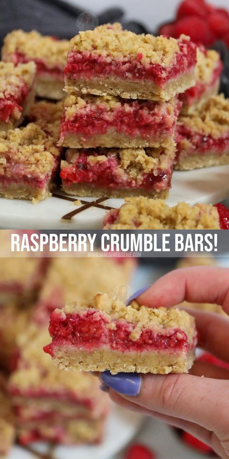 Raspberry Crumble Bars! - Jane's Patisserie Janes Patisserie Flapjack, Raspberry Baked Goods, Raspberry Slice Recipe, Raspberry Traybake, Traybake Ideas, Jane Patisserie, School Cakes, Traybake Cake, Raspberry Crumble Bars