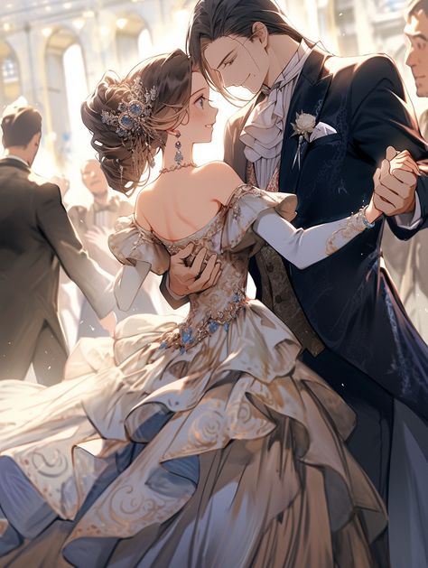 AI illustration #nijijourney #dancing #couple #silver_hair #ai #illustration #background #wallpaper Romantic Dance Couple Anime, Couple Dancing Illustration, Romantic Dance Couple, Anime Dancing Couple, Dancing Poses Drawing Couple, Fantasy Ballroom, Couple Dance Poses, Dancing Poses Drawing, Dancing Photography