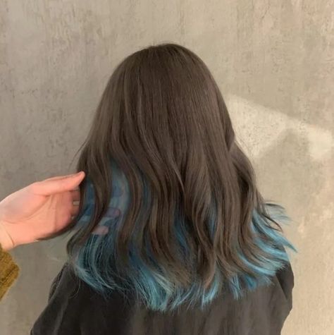 Blue Hair Underneath, Blue Tips Hair, Cake Minimalist, Blue Brown Hair, Hair Dyed Underneath, Peekaboo Hair Colors, Frog Cake, Korean Hair Color, Hair Color Underneath