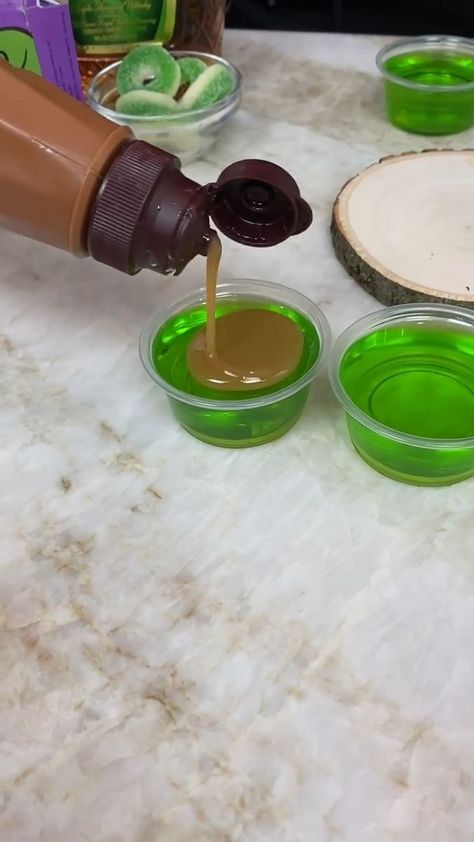 Caramel Apple Jello Shots Crown, Crown Apple Jello Shots Recipe, Caramel Apple Jello Shots Recipes, Crown Apple Halloween Drinks, Apple Crown Jello Shots, Crown Royal Jello Shots Recipe, Crown Apple Caramel Drink, Caramel Apple Jell-o Shots, Carmel Apple Shots Recipes