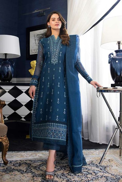 Blue Velvet Shirt, Minal Khan, Asim Jofa, Trouser Design, Embroidered Sleeves, Embroidered Border, Velvet Shirt, Cerulean Blue, Silk Trousers