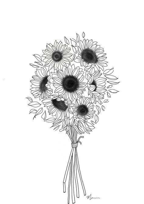 Bouquet sunflower Vase Of Sunflowers Drawing, Sunflower Vase Tattoo, Sunflower Bouquet Drawing, Bouquet Sunflower, Flower Bouquet Drawing, Sunflower Vase, Embroidery Painting, Sunflower Drawing, Sunflower Bouquet