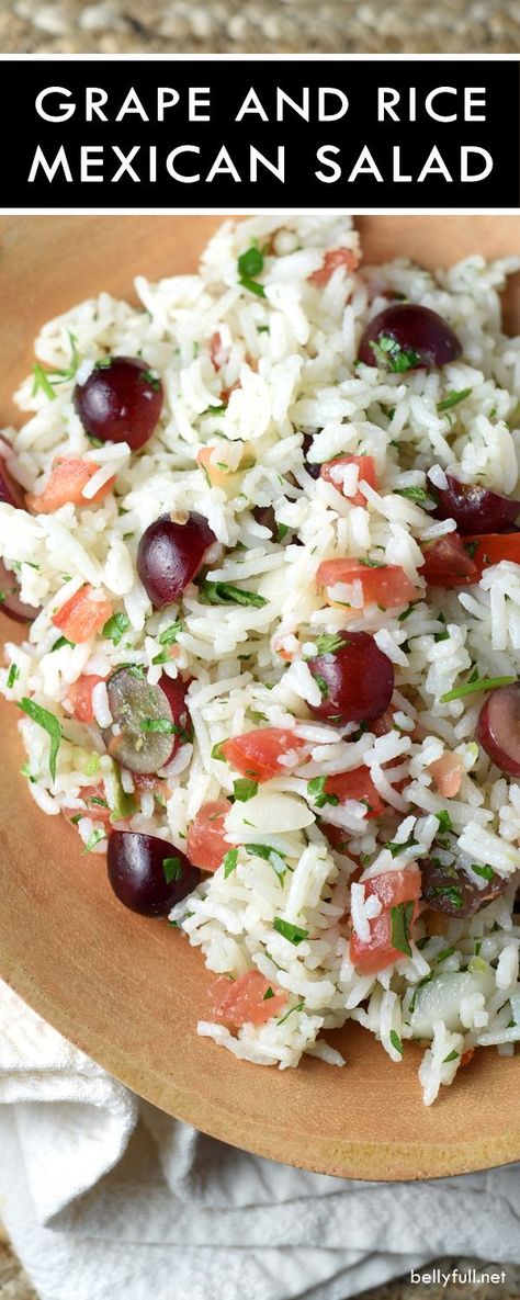 This cold Mexican Rice and Grape Salad is light, healthy, and delicious. Loaded with sweet grapes and robust pico de gallo, it’s perfect for summer! Mexican Rice Salad, Rice Salad Cold, Mexican Salads, Recipes Pork, Grape Salad, Mexican Rice, Rice Salad, Salad Bar, Mexican Recipes