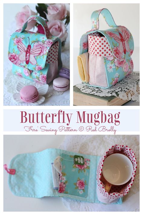 DIY Fabric Butterfly Mug Bag Free Sewing Pattern | Fabric Art DIY Free Small Sewing Patterns, Gift Bag Fabric, Mug Bag Tutorial Free Pattern, Mug Caddy Free Pattern, Diy Sew Projects, Sewing Pattern Gift Ideas, Tea Sewing Projects, Sewing Accessories Patterns, Free Sewing Patterns For Gifts