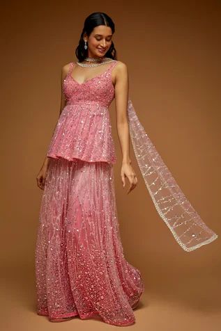 Shop for Neeta Lulla Pink Tulle Raisel Sequin And Crystal Embroidered Kurta Sharara Set for Women Online at Aza Fashions Sequin Kurta For Women, Sequin Kurti, Indian Dress Up, Sharara Designs, Desi Dress, Kurta Sharara Set, Trendy Outfits Indian, Diwali Outfits, Neeta Lulla