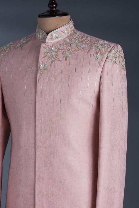 Buy Pastel Pink Sequins Embroidered Raw Silk IndoWestern Sherwani Online | Samyakk Traditional Indian Mens Clothing, Pink Sherwani, Latest Kurta Designs, Indowestern Sherwani, Indian Groom Dress, Indian Wedding Clothes For Men, Men Embroidery, Mens Indian Wear, Sherwani For Men Wedding