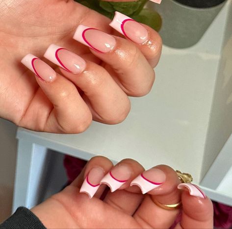 Double Colour French Nails, Red Double French Nails, 2 Tone French Tip Nails, Nails Double French, Double Line French Tip Nails, Double French Tip Nails, Double French Nails, Double French Tip, Simple And Cute Nails