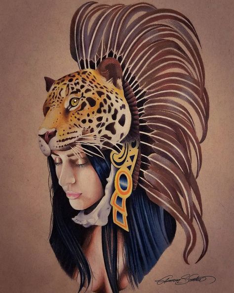 Just finished this #prismacolor #drawing on #tonedtan paper. #aztec #mayan #nativeart #nativeamerican #girl #jaguar #portrait #headdress… Jaguar Headdress Tattoo, Jaguar Headdress, Jaguar Portrait, Warrior Headdress, Sea Tattoo Sleeve, Aztec Headdress, Aztec Jaguar, Headdress Art, Eagle Warrior