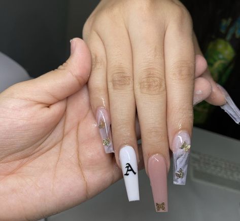 Nails Acrylic With Initial On Them, Baddie Nails With Initials, Nails With Initials Acrylic, Nails With Initials, Pink Tip Nails, Dragon Nails, Colored Acrylic Nails, Girly Acrylic Nails, Classic Nails