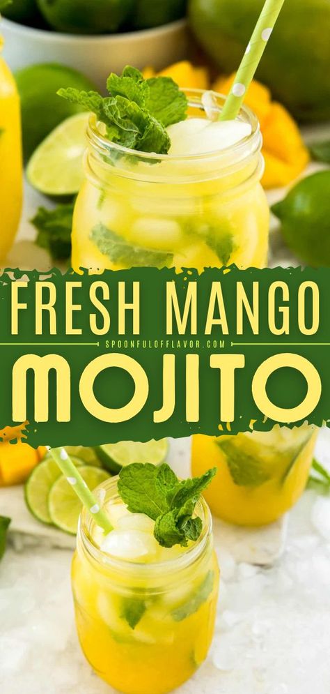 Mango Mojito, summer cocktail recipes, alcoholic drinks for summer Virgin Mango Mojito, Mango Mojito Recipe Non Alcoholic, Mango Mint Mojito, Tropical Mojito Recipe, Mango Liquor Drinks, Bacardi Mojito Recipe, Mango Mojito Mocktail, Flavored Mojito Recipe, Mango Drinks Alcohol