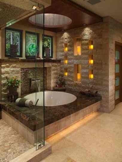 63 Sensational bathrooms with natural stone walls Japanese Bathroom Design, Asian Bathroom, Romantic Bathrooms, Asian Interior Design, Japanese Bathroom, Zen Bathroom, Asian Garden, Bad Inspiration, Jacuzzi Tub