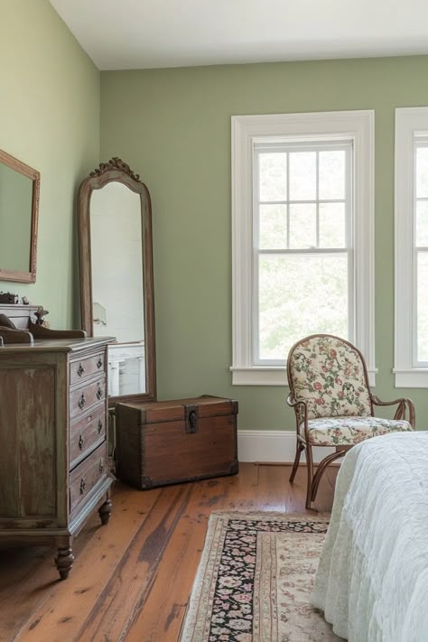 15 Tips for a Sage Green Farmhouse Bedroom – Everyday Inspo Mint Bedroom Walls, Sage Green Farmhouse Bedroom, Soft Green Paint Color, Green Farmhouse Bedroom, Sage Green Farmhouse, Green Paint Colors Bedroom, Light Green Rooms, Green Room Colors, Tan Furniture