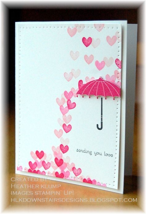 Stampin' Up! Valentine  by Heather Klump at Downstairs Designs: Love "rains" Card With Hearts, Umbrella Cards, Valentines Day Cards Handmade, Bridal Shower Cards, Homemade Valentines, Valentine Cards, Valentine's Day Diy, Album Photo, Creative Cards