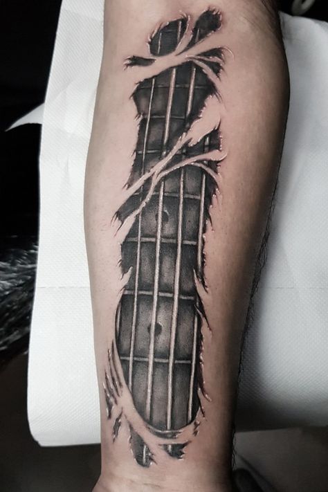 Custom bass guitar 😊 | By Vanesa Charmani | Done at Crescent Tattoo Shop | Jul 27th 2019 | 1112145 Guitar Arm Tattoo, Guitar Strings Tattoo, Electric Guitar Tattoo For Men, Guitar Sleeve Tattoo, Cool Guitar Tattoos, Bass Guitar Tattoos, Guitar Neck Tattoo, Fretboard Tattoo, Music Tattoo Guitar