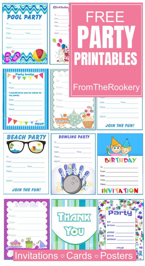 Party printables - free printable invitations, cards and posters. Includes kids party invite templates. Just download and print Diy Party Invitations Kids, Homemade Invitations Birthday, Pool Party Birthday Invitations Free, Printable Party Invitations Free, Free Editable Birthday Invitations, Party Invitation Design Templates, Free Birthday Party Invitation Templates, Diy Birthday Invitations Kids, Free Invite Template