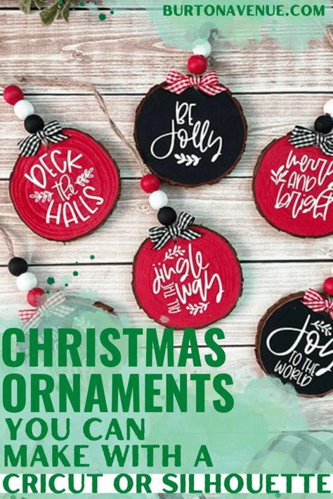 Christmas Ornaments you can make with a Cricut or Silhouette - Burton Avenue Cricut Tree Ornaments, Diy Cricut Christmas Ornaments, Cricut Wood Veneer Projects, Plush Christmas Ornaments, Peppermint Ornament, Cookie Ornaments, Silouette Cameo, Vinyl Ornaments, Wood Cookie