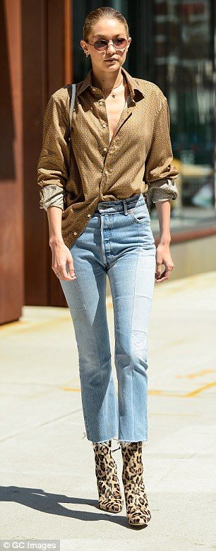 Gigi Hadid - Wear boots this summer like Bella Hadid and Hailey Baldwin | Daily Mail Online Boots Outfit Summer, Unbuttoned Shirt, Floral Outfit Summer, Gigi Hadid Street Style, Gigi Hadid Outfits, Denim Street Style, Gigi Hadid Style, Leopard Boots, Silver Boots