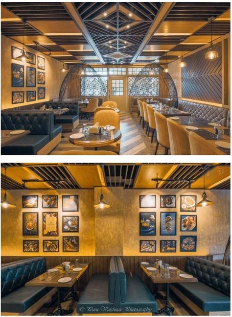 Restaurant Design with beautiful wooden ceiling Pop Design For Restaurant, Resturant Ideas Design Interiors Indian, Celing Roof Design For Restaurant, Restaurant Themes Interior, Cafe False Ceiling Design, Restruant Designs Interior, Trendy Restaurant Design Inspiration, Ceiling Design For Cafe, Ceiling Restaurant Design