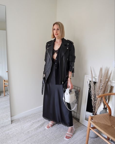 Polene Bag Beri, Polene Beri Outfits, Polene Beri, Polene Bag Outfit, Charlotte Buttrick, Black Poplin Dress, Casual Leather Jacket Outfit, Biker Jacket Outfit, Black Leather Jacket Outfit