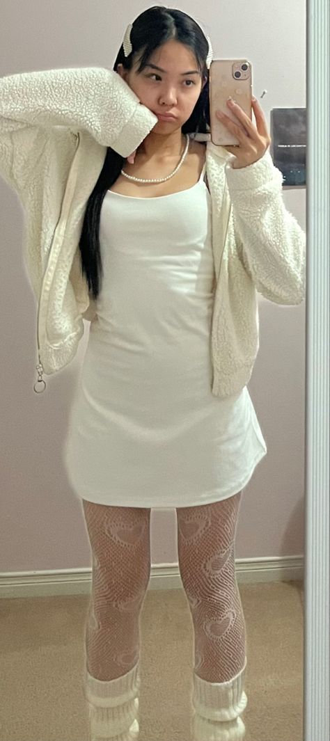 Dress And Stockings Outfit Winter, Dress And Stockings Outfit, Snapchat Pfp, Short White Dress Outfit, Face Claim Asian, White Stockings Outfit, Stockings Outfit Vintage, Short Sweater Outfit, White Fluffy Sweater