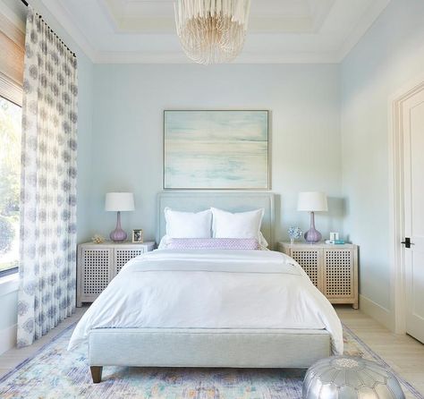 Pale Blue Bedrooms, Girls Bedroom Grey, Grey And White Bedding, Pale Blue Walls, Blue Headboard, Light Blue Walls, White Shiplap Wall, Grey Dining Room, Beige Bedroom