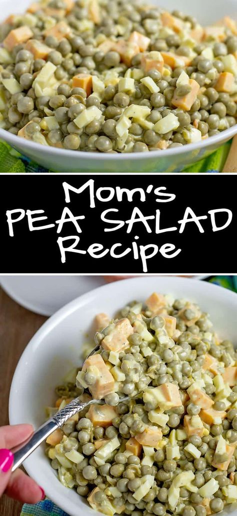 This classic pea salad recipe is just like mom used to make. It's perfect with ham and great at potlucks.  Made with just a few ingredients: peas ham, cheese, onion and Mayo; it's always a hit. Classic Pea Salad, Cold Pea Salad, English Pea Salad, Pea Salad Recipes, Creamy Peas, English Peas, Ham Salad, Crafty Mom, Pea Salad