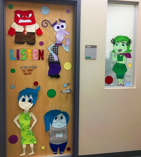 Inside out door decor for our children’s mental health clinic. Very happy with how it turned out. Inside Out 2 Door Decorations, Inside Out Daycare Door, Inside Out Classroom Door Decorations, Classroom Door Ideas Inside Out, Inside Out Hallway Decorations, Mental Health Door Ideas, Inside Out Classroom Door, Inside Out Theme Classroom, Inside Out Decorations Classroom