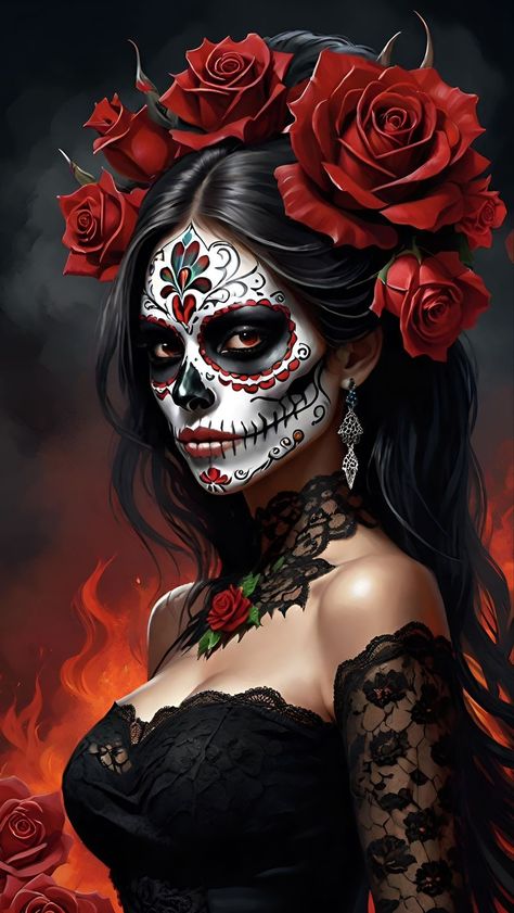 Dia De Los Muertos Tattoo Ideas Woman, Mexican Culture Tattoo For Women, Mexican Sugar Skull Art Beautiful, Day Of The Dead Girl Tattoo, Sugar Skull Art Drawing, Paint Halloween, Halloween Makeup Sugar Skull, Day Of The Dead Girl, Roses Wreath