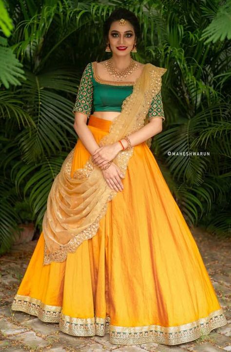 Lehengas - ANJU SHANKAR LABEL Etnic Dresses, Yellow Top Outfit, Princess Cut Blouse Design, Black Sequin Crop Top, Dupatta Draping, Half Saree Lehenga, Yellow Lehenga, Half Sarees, Modern Saree