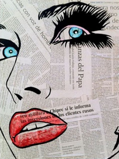 Pop Art Drawings Ideas, Newspaper Painting, Pop Art Images, Frida Art, Pop Art Drawing, Newspaper Art, Drawings Ideas, Pop Art Painting, Mixed Media Art Journaling