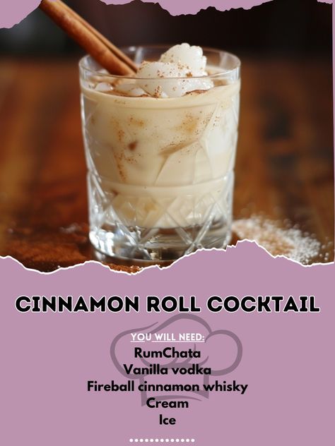 🍂🍸 Savor the flavors of fall with a cozy Cinnamon Roll Cocktail! #FallDrinks #CozyCocktail Cinnamon Roll Cocktail Ingredients: RumChata (1 oz) Vanilla vodka (1 oz) Fireball cinnamon whisky (1 oz) Cream (1 oz) Ice (for shaking) Cinnamon stick (for garnish) Ground cinnamon (for garnish) Instructions: In a shaker, combine RumChata, vanilla vodka, Fireball cinnamon whisky, cream, and ice. Shake well and strain into a glass. Garnish with a cinnamon stick and a sprinkle of ground cinnamon. 🍹✨ T... Vanilla Rum Drinks Recipes, Mixed Drinks With Fireball, Vanilla Cocktails, Fireball Mixed Drinks, Cinnamon Cocktails, Vanilla Vodka Drinks, Vanilla Cocktail, Cinnamon Cocktail, Fireball Drinks