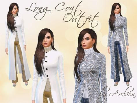 The Sims Resource: Long Coat Outfit Set by Arelien • Sims 4 Downloads Sims 4 Long Coat, Long Coat Outfit, Sims Clothes, Sims 4 Cc Kids Clothing, Cc Clothes, Play Sims, Sims 4 Dresses, Sims4 Clothes, Coat Outfit