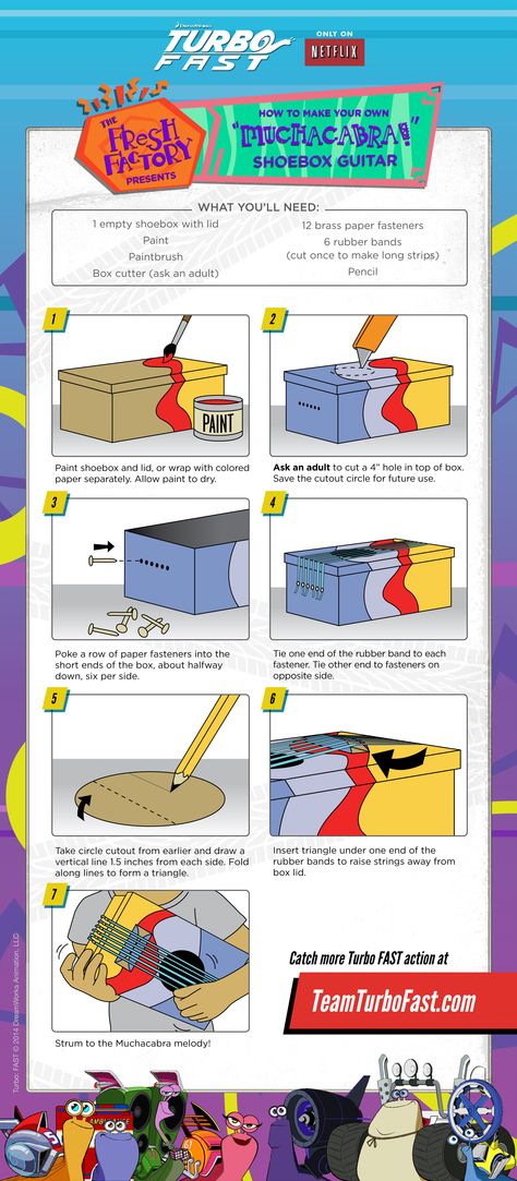 Make Your Own Turbo FAST "Muchacabra!" Shoebox Guitar! Shoebox Guitar, Physics Model, Music Crafts, Kid Projects, Box Guitar, Trash To Treasure, Rubber Bands, Projects For Kids, Paint Brushes