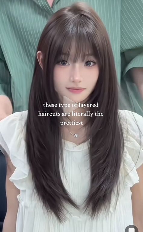 Haircuts To Hide Side Profile, Layered For Long Hair, Medium Long Hair Layers, Hush Cut Straight Hair, Layer Hair Korean, Korean Long Layered Haircut, Japanese Side Bangs, Haircut With Bangs And Layers, Cute Layered Haircuts