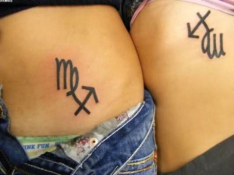 Tattoos On Waist, Sag Tattoo, Taurus Constellation Tattoo, Virgo Constellation Tattoo, Virgo And Sagittarius, Sagittarius Tattoo, Couples Tattoos, Waist Tattoos, Virgo And Taurus