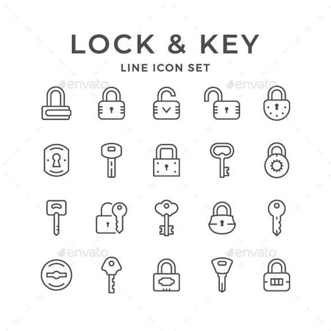 Set Line Icons of Lock and Key for $7 - GraphicRiver #icon #GraphicDesign #design #IconDesign #BestDesignResources Lock Tattoo For Men, Security Tattoo, Padlock Tattoo, Simple Couples Tattoos, Lock Drawing, Key Illustration, Key Tattoo Designs, Lock Tattoo, Key Drawings