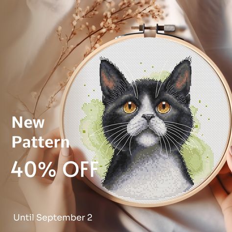 Meet the new release: the long-awaited Tuxedo Cat Portrait😻 And guess what – this is the 100th design I’ve created. I can hardly believe that within this year, I’ve made 100 patterns😃 🫶I couldn’t be more grateful for every comment, like, and purchase in my shop. There’s nothing better or more inspiring for me than seeing your stitched masterpieces using my patterns🥰 ☞ By the way, this pattern is already available in my shop, and there’s a 40% discount until September 2nd, as well as 25% o... Portrait Cross Stitch, Watercolor Dog Portrait, Cat Portrait, Tuxedo Cat, Watercolor Dog, Cat Portraits, Cross Stitch Kits, New Release, Dog Portraits